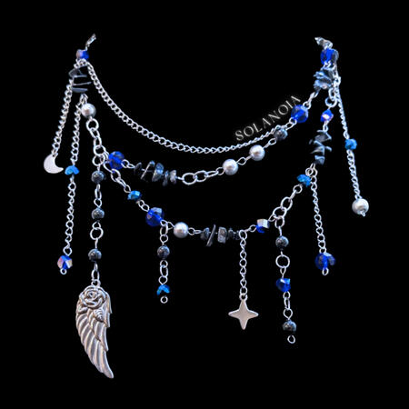 Multi layer kpop bts black swan dangling jewelry. Edgy blue black gray silver futuristic cyberpunk necklace choker wing moon star celestial aesthetic. Street fashion tech gear grunge elegant goth city wear darkwear. Maximalist glass stainless steel.
