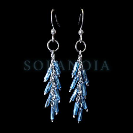 Mossy earrings. Chandelier style dangle drop earrings with earring hooks. Multi strand, transparent frosted green teardrop beads, stainless steel chain, o ring. 2.75 inches long