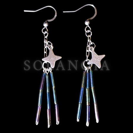 Shooting star earring made of stainless steel charm chain, earring hooks. Spacey shiny pearlescent iridescent green blue purple dangling comet tail drop earrings Spacecore celestial dainty txt bts mikrokosmos 2 inch cosmic universe astrology earrings