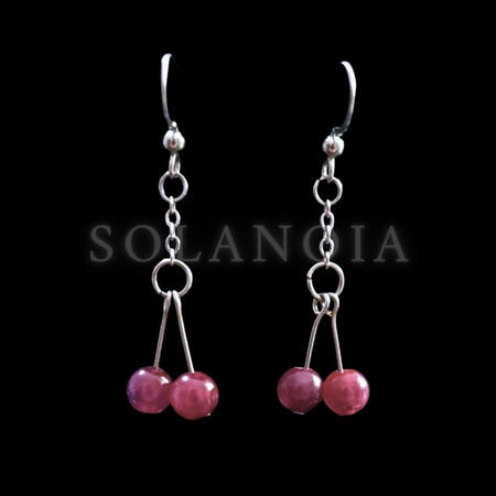 Cherry fruit dangle berry pink purple burgundy variety color earrings. Kawaii style dainty minimalist stainless steel stem lolita rococo woodland fairy cottagecore princess aesthetic. 1.25 inches long (3.75 cm)