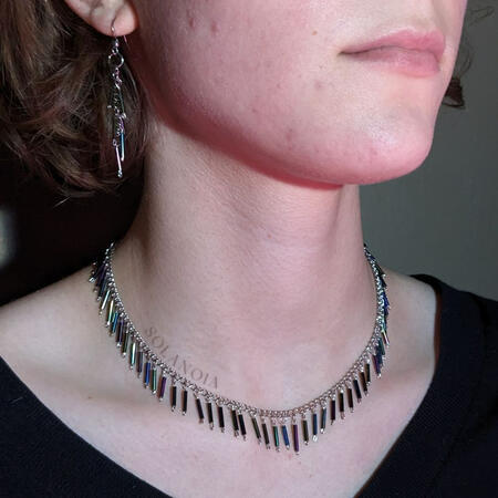 dainty iridescent blue purple green stick glass bead necklace stainless steel chain. fairy celestial spacecore galaxy starry necklace and earrings set. necklace / choker is at collarbone level. perfect for v neck, square collar, sweetheart neckline